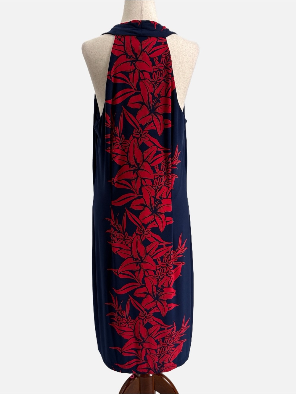 Tommy Bahama Tropical Lily Print Halter Jersey Knit Dress Navy Red Size Large - Picture 2 of 4